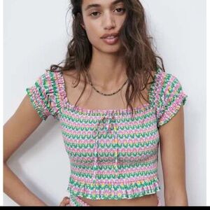 ZARA Smocked Crop Top Pink Green Floral Cottagecore Y2K Coquette Summer Medium